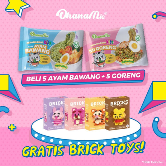 Mie Hijau Ohana Mie Spirulina Anak Sehat Kaya Gizi Tanpa Telur 10 pcs Gratis Brick Toys | OhanaMie