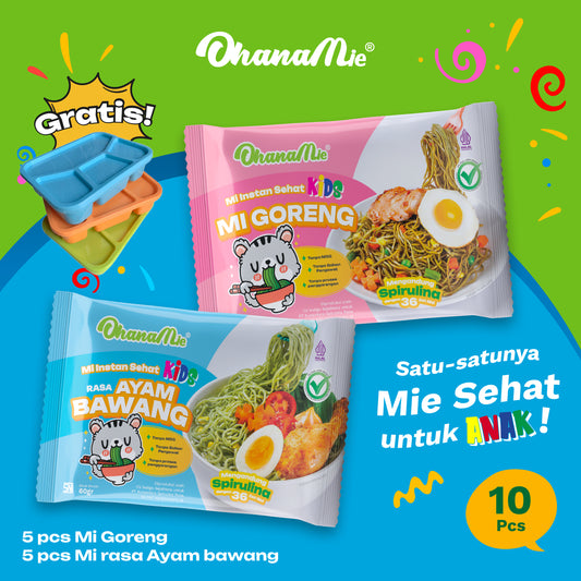 Makanan Anak Mie Instan Spirulina Sehat Anak NonMSG Ohana Mie Free lunchbox - Mix 10pcs | OhanaMie